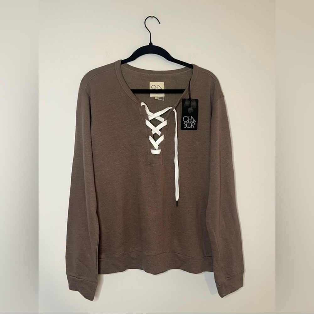 NWT Chaser Lace-Up Long Sleeve Pullover Sweatshirt Taupe Brown Size Large
